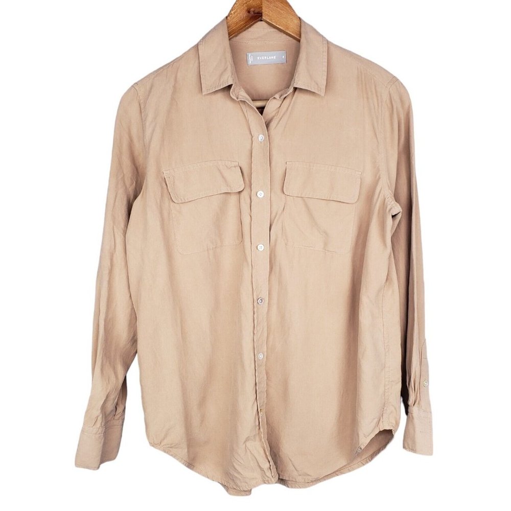 Everlane 100% Silk Beige Button Down Long Sleeve Shirt Blouse Collared Size 0